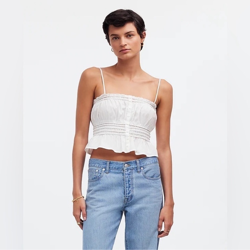Madewell Smocked Button-Front Top in Poplin Size: M